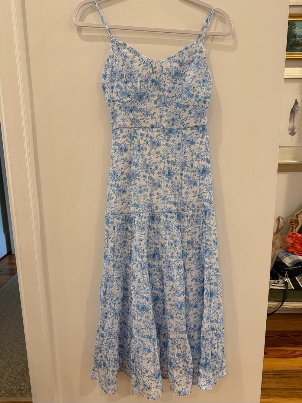 Light Blue Floral Spaghetti-Strap Midi Dress